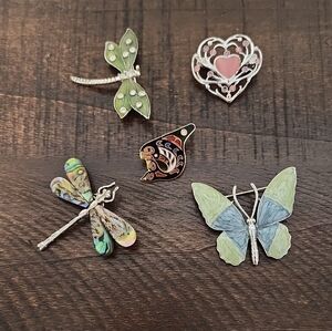 Emamel Brooch Set Includes 2 Dragonflys, Butterfly, Heart and Fish